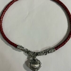 Vintage Judith Ripka Silver Heart Pendant on Red Braided Necklace